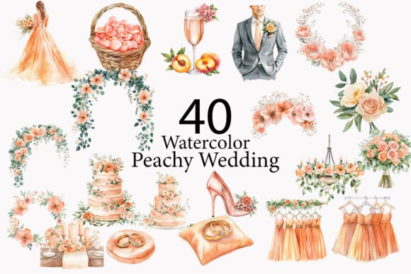 Peachy Wedding Watercolor Clipart: Your Suite for Soft, Romantic Designs