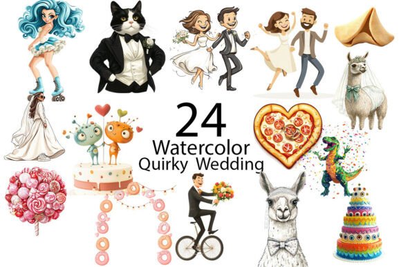 Quirky Wedding Watercolor Clipart for Creative Projects