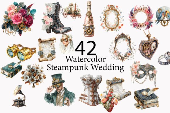 Steampunk Wedding Watercolor Clipart: Gears, Whimsy, and Timeless Romance