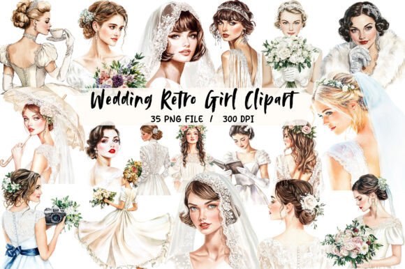 Wedding Retro Girl Clipart: Vintage Charm for Modern Designs